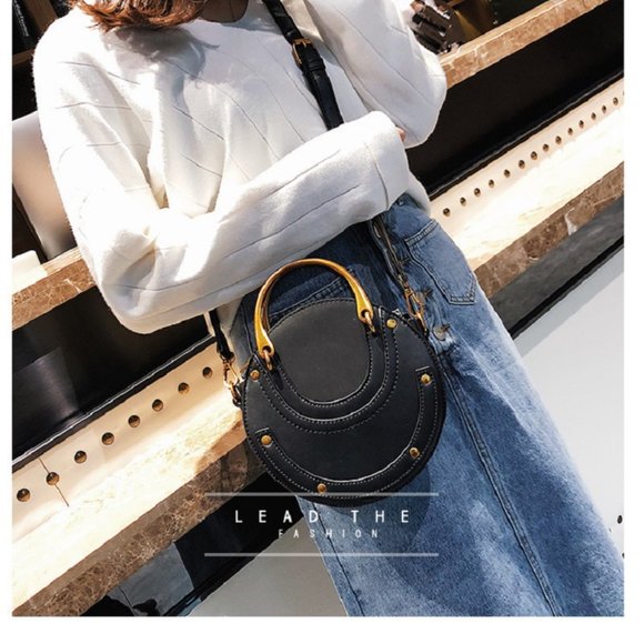 Black Leather Circle Bag - Crossbody Small Leather Bag - Round Shoulder Bag - Picture 1 of 9